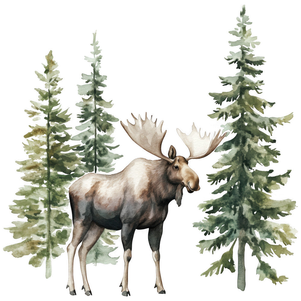 moose, forest scene, evergreen trees, pine trees, watercolor style, brown moose, antlers, woodland animal, fabric panel, quilting cotton, sage green, forest green, taupe, cream background, wildlife design, nature scene, rustic, outdoor theme, animal print, botanical elements