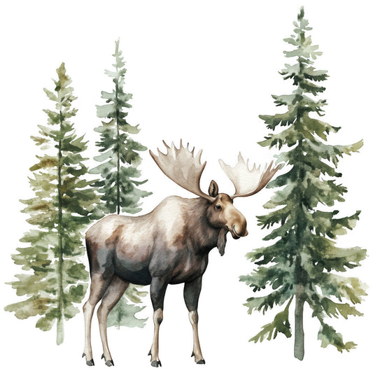 moose, forest scene, evergreen trees, pine trees, watercolor style, brown moose, antlers, woodland animal, fabric panel, quilting cotton, sage green, forest green, taupe, cream background, wildlife design, nature scene, rustic, outdoor theme, animal print, botanical elements