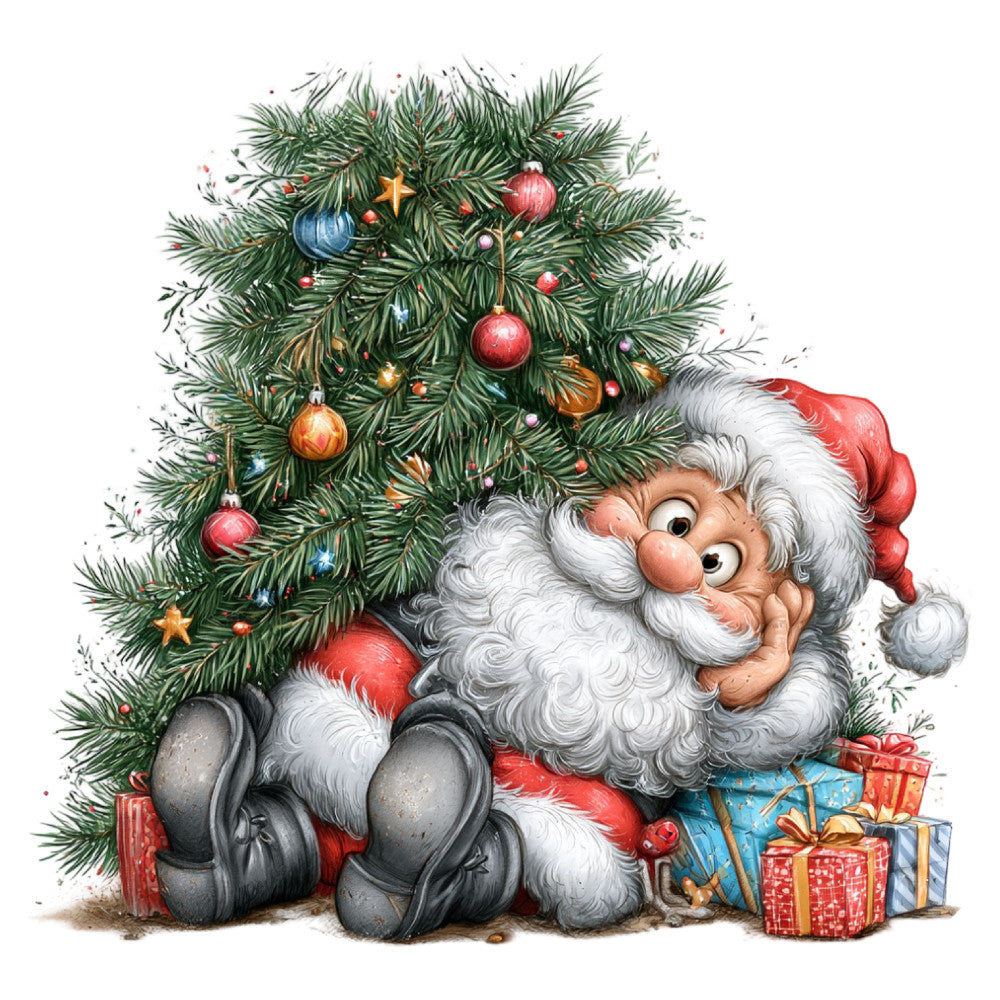 santa claus, christmas, holiday, festive, whimsical, vintage, jolly, red and green, forest green, deep red, gold accents, blue ornaments, decorative baubles, christmas tree, presents, gifts, wrapped packages, traditional, nostalgic, retro, kris kringle, character design, illustration, cheerful, seasonal, winter, classic christmas, children's, storybook style, decorative ornaments