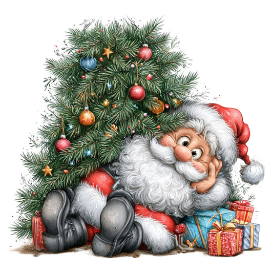 santa claus, christmas, holiday, festive, whimsical, vintage, jolly, red and green, forest green, deep red, gold accents, blue ornaments, decorative baubles, christmas tree, presents, gifts, wrapped packages, traditional, nostalgic, retro, kris kringle, character design, illustration, cheerful, seasonal, winter, classic christmas, children's, storybook style, decorative ornaments