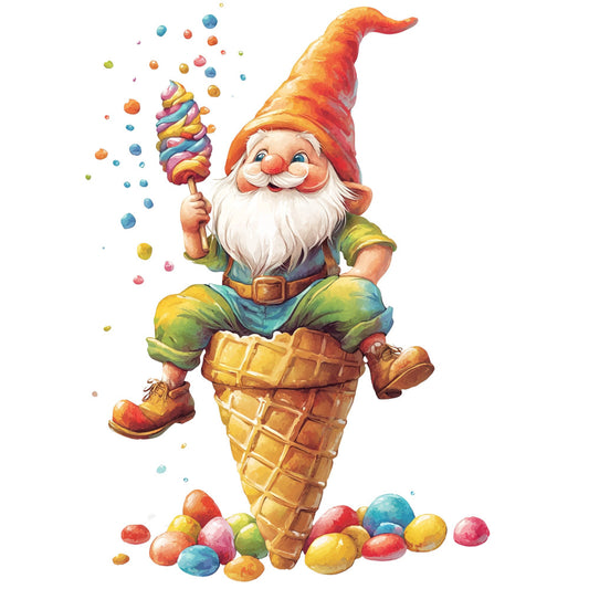 garden gnome, whimsical, candy, lollipop, ice cream cone, colorful, red, orange, yellow, green, blue, pink, cheerful, playful, children's, novelty, fantasy, magical, spring, summer, apron fabric, children's quilt, wall hanging, bright colors, fun prints, vintage style, folk art, cute characters, decorative panel