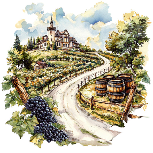watercolor style, vineyard scene, castle architecture, wine barrels, grape clusters, winding path, rolling hills, fabric panel, quilting cotton, blue sky, green foliage, earth tones, rustic charm, european countryside, wine theme, pastoral landscape, autumn colors, golden hues, cottage buildings, scenic vista