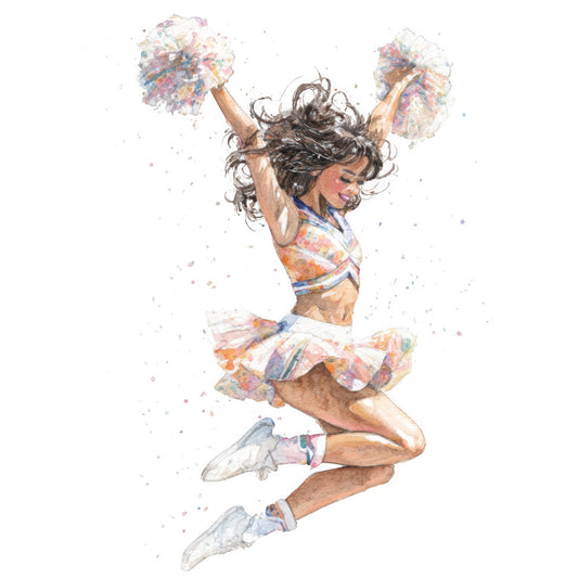 cheerleader, sports, watercolor, multicolor, pastel colors, coral, blue, yellow, orange, pink, white, whimsical, playful, feminine, energetic, dynamic, athletic, youth, celebration, joy, jumping, girl, woman, pom poms, spirited, vibrant, artistic, modern, fun, dance