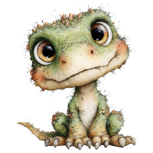 sage green, moss green, golden brown, tan, cream, rustic green, dinosaur, reptile, whimsical, cute, children's, kids, animal character, fantasy creature, nature-inspired, playful, illustration, watercolor style, textured, spiky, quirky, modern whimsical, woodland, prehistoric, baby nursery, children's room, wall art, decorative panel, spring, adventure theme