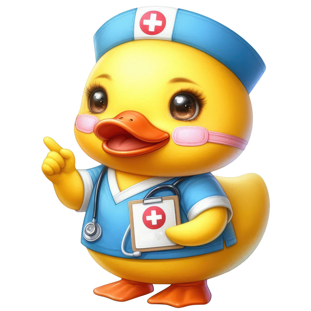 bright yellow, sky blue, coral orange, pink, white, medical theme, nurse character, duck motif, stethoscope, medical cross, healthcare worker, whimsical, cute, playful, children's, baby, pediatric, cartoon, cheerful, friendly, animal character, scrubs, medical profession, health worker, novelty, fun print, contemporary, vibrant colors, kid-friendly, nursey theme