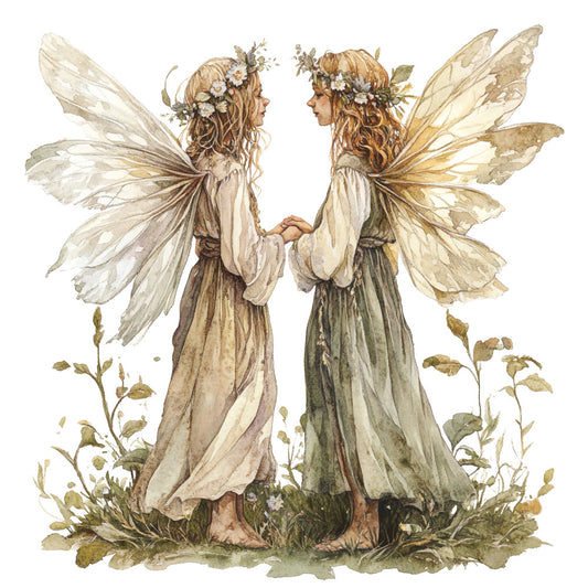 fairy wings, fairies, fantasy, whimsical, nature, botanical, cream, beige, sage green, soft green, tan, brown, floral crowns, flowers, wildflowers, holding hands, friendship, magical creatures, ethereal, vintage illustration, storybook art, dreamy, enchanted, woodland, garden, spring, summer, elegant, gentle, soft colors