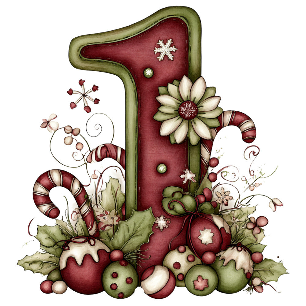 burgundy, wine red, sage green, olive green, cream, white, festive, christmas, holiday, winter, floral, ornamental, whimsical, vintage, traditional, candy cane, baubles, ornaments, daisy, holly leaves, snowflakes, berries, decorative, elegant, nostalgic, number one, first birthday, celebration, red and green, botanical