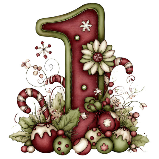 burgundy, wine red, sage green, olive green, cream, white, festive, christmas, holiday, winter, floral, ornamental, whimsical, vintage, traditional, candy cane, baubles, ornaments, daisy, holly leaves, snowflakes, berries, decorative, elegant, nostalgic, number one, first birthday, celebration, red and green, botanical