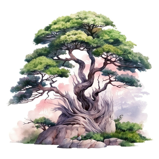 watercolor painting, bonsai tree, twisted trunk, green foliage, pink sky, purple hues, lavender tones, rocky landscape, botanical art, serene mood, fabric panel, quilting cotton, nature scene, asian inspired, windswept branches, misty background, zen garden, peaceful atmosphere, soft pastels