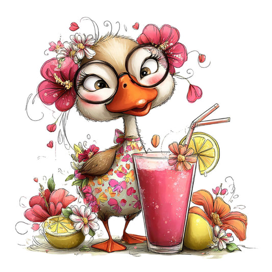 whimsical duck, coral pink, cream, orange, yellow, floral, botanical, animal, bird, cute character, glasses, flowers, tropical, spring, summer, playful, cheerful, children's, kids, beverage themed, lemonade, fruit citrus, lemon, whimsical style, vintage inspired, colorful, nature themed, garden, daisy, cosmos