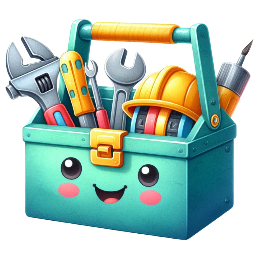 turquoise, yellow, orange, coral pink, gray, cute, whimsical, playful, toolbox, tools, wrench, hard hat, construction, builder, anthopomorphic, smiling face, happy, cheerful, modern, fun, children's, kids, DIY, handyman, tool themed, bright colors, colorful, charming, nursery, playroom