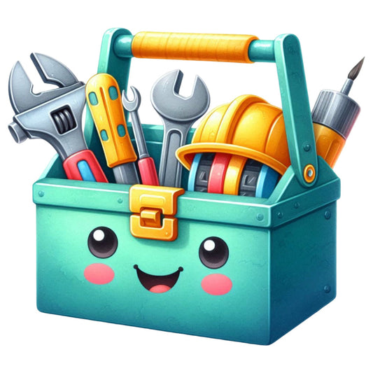 turquoise, yellow, orange, coral pink, gray, cute, whimsical, playful, toolbox, tools, wrench, hard hat, construction, builder, anthopomorphic, smiling face, happy, cheerful, modern, fun, children's, kids, DIY, handyman, tool themed, bright colors, colorful, charming, nursery, playroom