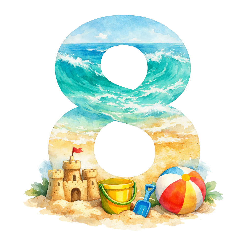 beach scene, turquoise blue, ocean waves, sandy beach, sand castle, beach bucket, beach ball, seashells, coastal, nautical, summer, tropical, seaside, children's, whimsical, playful, watercolor, aqua blue, sky blue, cream, golden yellow, red accent, beach toys, shore, vacation, fun, cheerful, bright, colorful, kids fabric