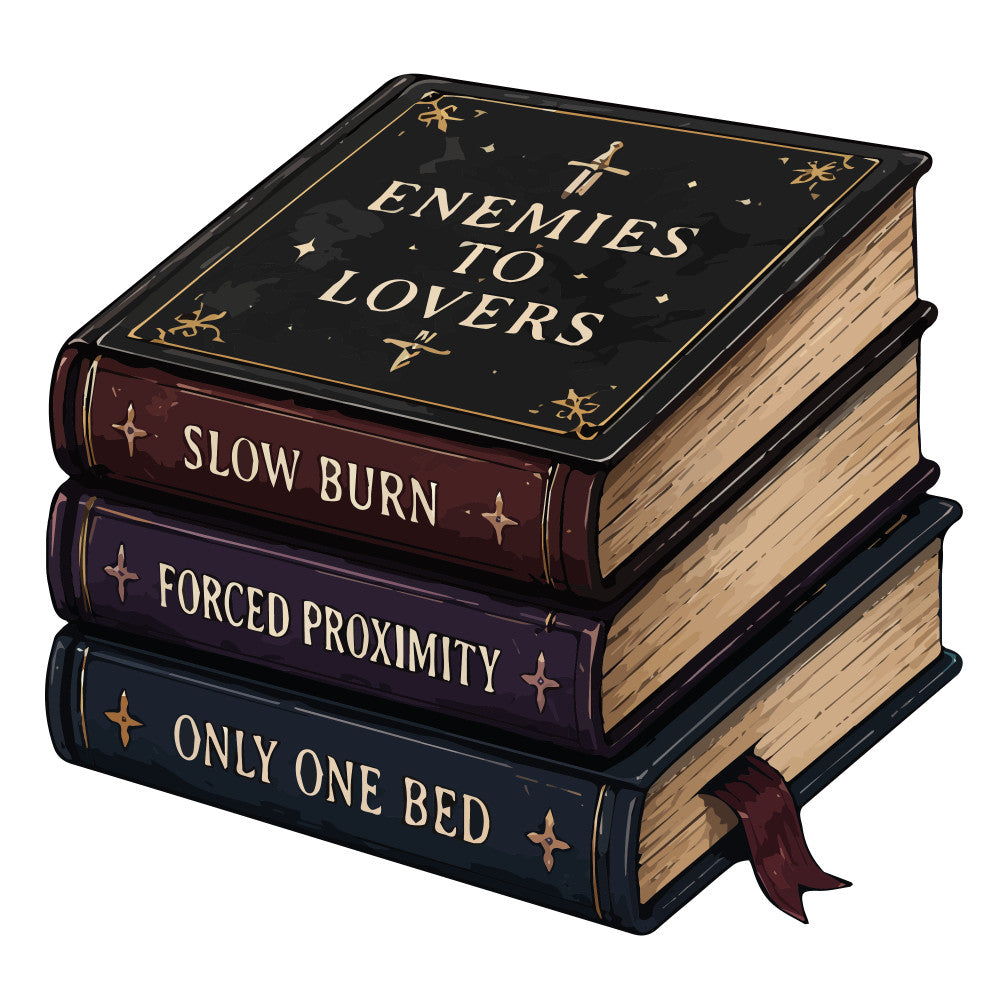 enemies to lovers, slow burn, forced proximity, only one bed, black, burgundy, navy blue, deep purple, gold accents, book spines, literary, romantic, fantasy, celestial stars, cross symbols, witchy, dark academia, gothic, elegant, whimsical, book lover, romance reader, vintage book aesthetic, decorative crosses, star motifs, dark romantic, bookish aesthetic, wall hanging, cozy reads