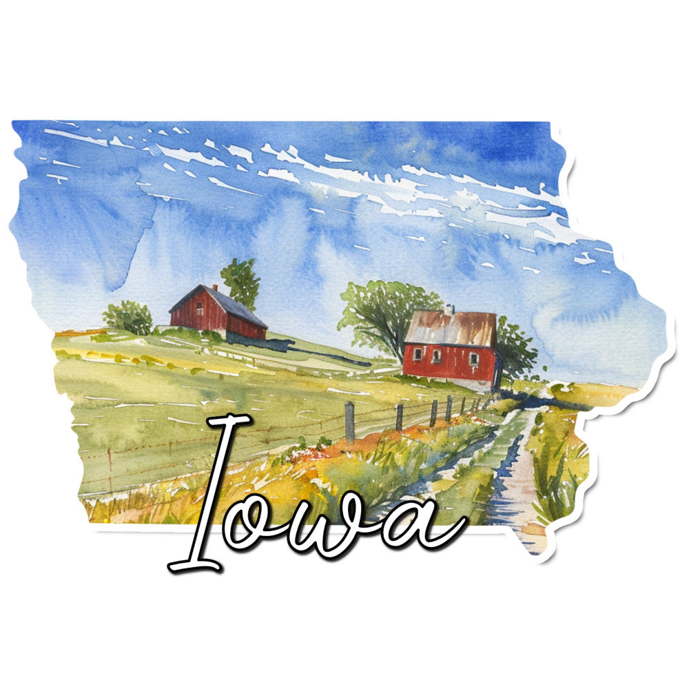 iowa, red barn, farmhouse, rural landscape, countryside, pastoral, sky blue, white clouds, golden yellow, green fields, fence, rustic, traditional, americana, farm scene, agricultural, rolling hills, country living, scenic landscape, state pride, americana decor, vintage style, folk art, watercolor, peaceful, serene, nature themed, wall hanging, home decor