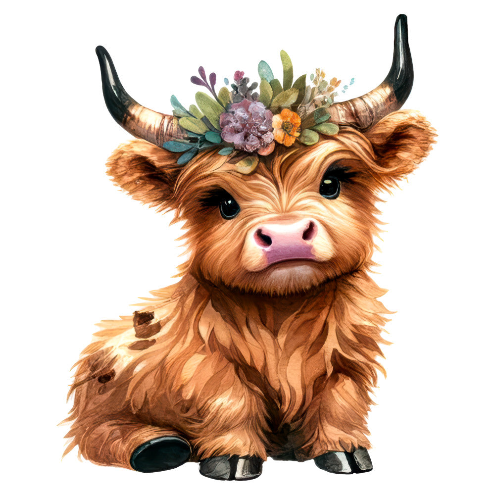 highland cow, floral, whimsical, rustic, farmhouse, animals, nature, brown, tan, cream, pink nose, black horns, copper, bronze, flowers, leaves, botanical, spring, summer, boho, bohemian, cute, charming, nursery, baby, children's, folk art, country, decorative, wall hanging