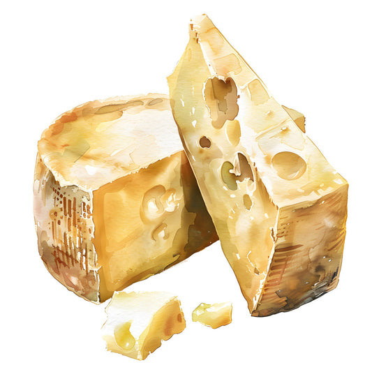 cheese, food, dairy, swiss cheese, holes, cream, pale yellow, buttercream, golden yellow, beige, tan, realistic, food illustration, culinary, kitchen, farmhouse, rustic, still life, gourmet, artisan, cottage core, whimsical, playful, novelty print, culinary theme, food art, gouache style, watercolor style, food lover, chef decor