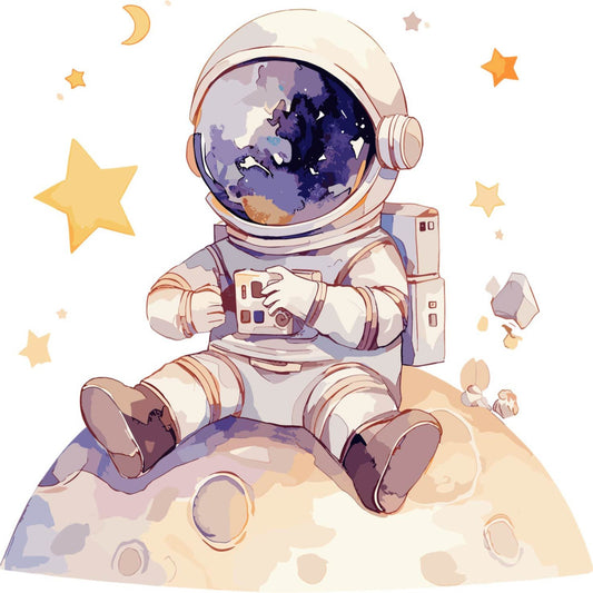 astronaut, space exploration, cosmic, celestial, stars, moon, planets, earth, galaxy, purple, navy blue, cream, beige, tan, orange, whimsical, playful, children's, kids, baby, nursery, bedding, wall art, adventure, explorer, science, education, modern, contemporary, sitting on moon