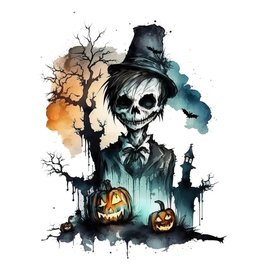 halloween, skull, skeleton, spooky, gothic, dark, black, orange, teal blue, cream, tan, watercolor, abstract, haunted, horror, jack-o-lantern, pumpkin, dead tree, bare branches, haunted house, top hat, bow tie, autumn, fall, trick-or-treat, scary, eerie, moody, illustration style, whimsical dark