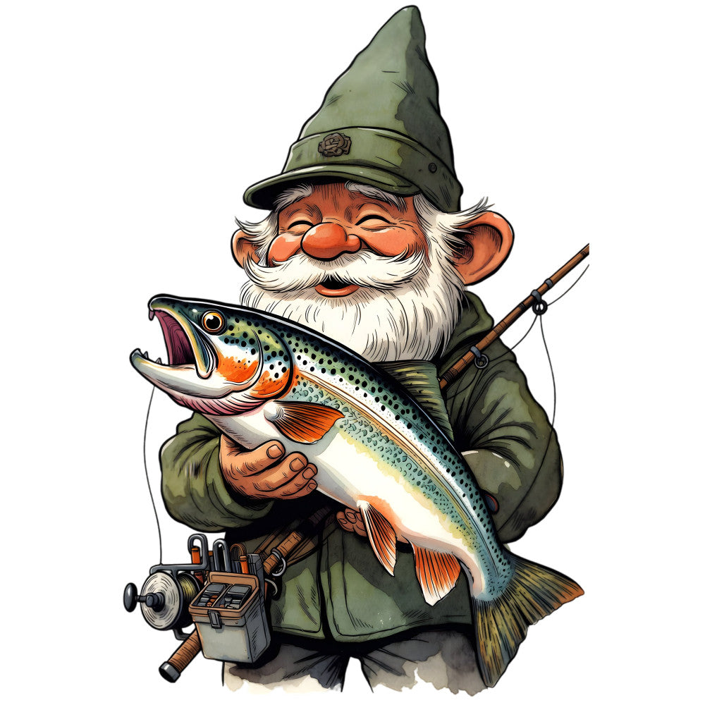 gnome, fishing, trout, whimsical, fantasy, garden gnome, olive green, forest green, cream white, orange, red, rust, sage green, vintage, folk art, storybook, children's, novelty, nature, outdoor, fishing rod, bearded character, mushroom gnome, fairy tale, cottage core, rustic, playful, adventure, fish motif, aquatic
