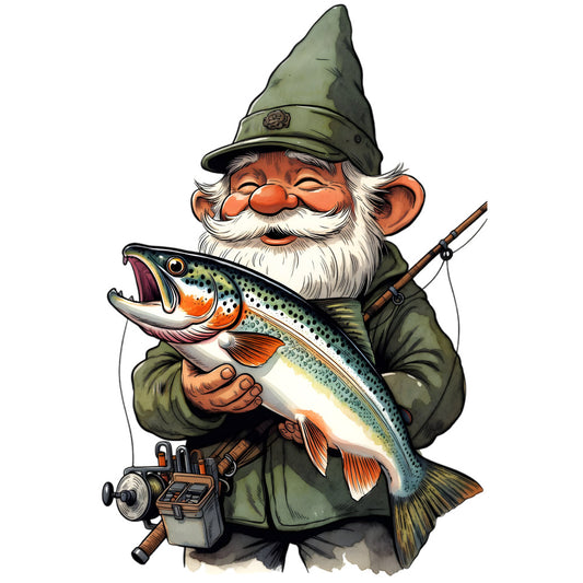 gnome, fishing, trout, whimsical, fantasy, garden gnome, olive green, forest green, cream white, orange, red, rust, sage green, vintage, folk art, storybook, children's, novelty, nature, outdoor, fishing rod, bearded character, mushroom gnome, fairy tale, cottage core, rustic, playful, adventure, fish motif, aquatic
