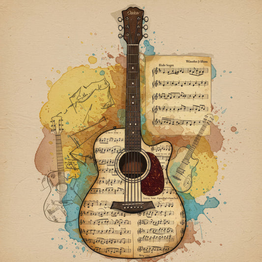 music themed, guitar, acoustic guitar, musical notes, sheet music, watercolor, splatter, abstract, vintage, bohemian, artistic, cream, beige, tan, yellow, gold, blue, teal, brown, rust, musical instruments, music lover, vintage music, watercolor splatter, music notes pattern, creative, artistic design, whimsical, retro, decorative panel