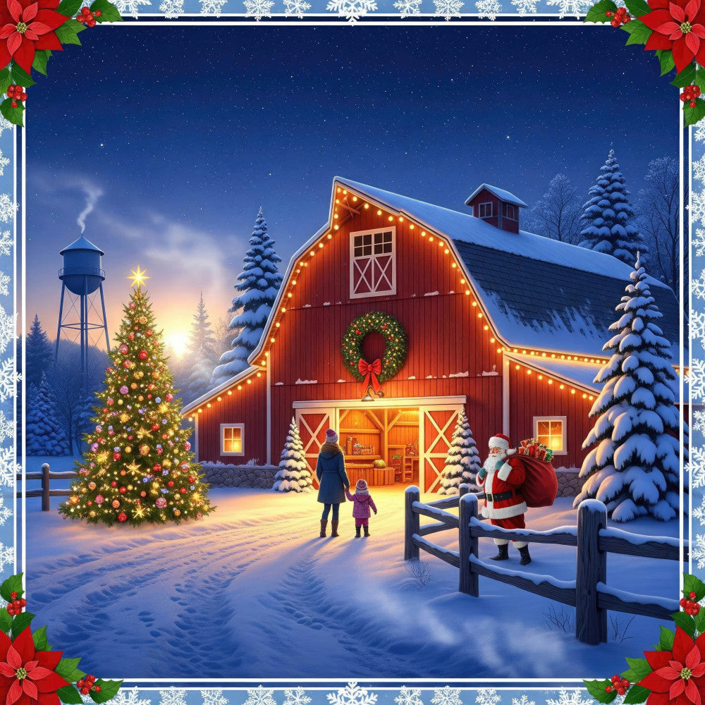 navy blue, red barn, christmas, holiday, winter, snow, santa claus, festive, rustic, farmhouse, traditional, scenic, landscape, golden lights, wreath, christmas tree, evergreen trees, snowy trees, starry night, twilight, small town, pastoral, nostalgic, warm lighting, family gathering, red, gold, white, cream, deep blue