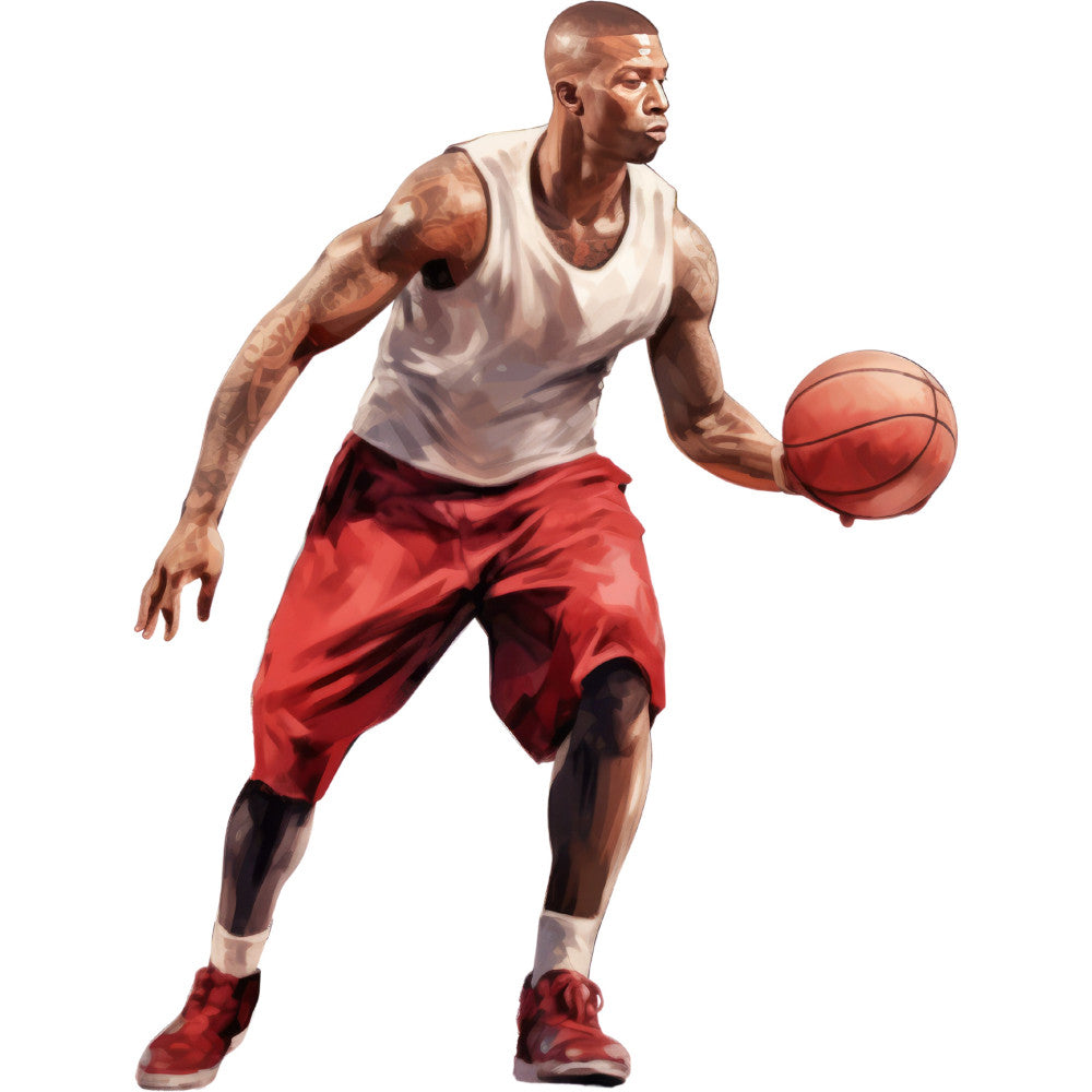 basketball player, sports, athletic, cream white, red, burgundy, tan skin tone, masculine, action pose, dribbling, sports themed, basketball fan, modern, dynamic, portrait, realistic illustration, men's athletic wear, tank top, shorts, basketball court, recreational sports, active lifestyle, contemporary, figure art, sports memorabilia, basketball apparel, athletic illustration, urban sports