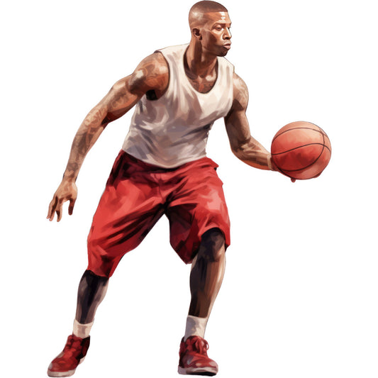basketball player, sports, athletic, cream white, red, burgundy, tan skin tone, masculine, action pose, dribbling, sports themed, basketball fan, modern, dynamic, portrait, realistic illustration, men's athletic wear, tank top, shorts, basketball court, recreational sports, active lifestyle, contemporary, figure art, sports memorabilia, basketball apparel, athletic illustration, urban sports