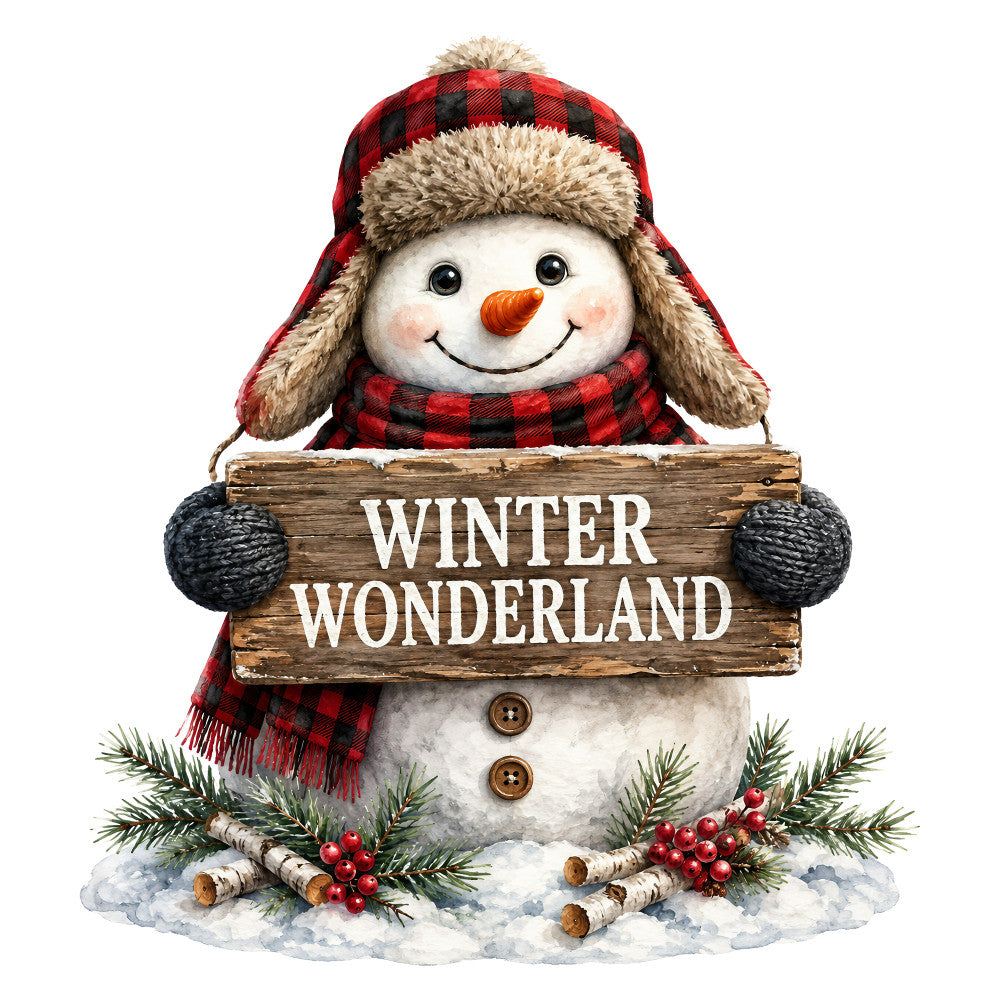 winter wonderland, snowman, holiday, christmas, red plaid, buffalo check, tan, cream, white, black, orange carrot nose, festive, whimsical, rustic, cozy, winter, seasonal, snow, evergreen, holly berries, red berries, plaid hat, knit hat, scarf, wooden sign, rustic charm, winter decor, wall hanging, seasonal decoration