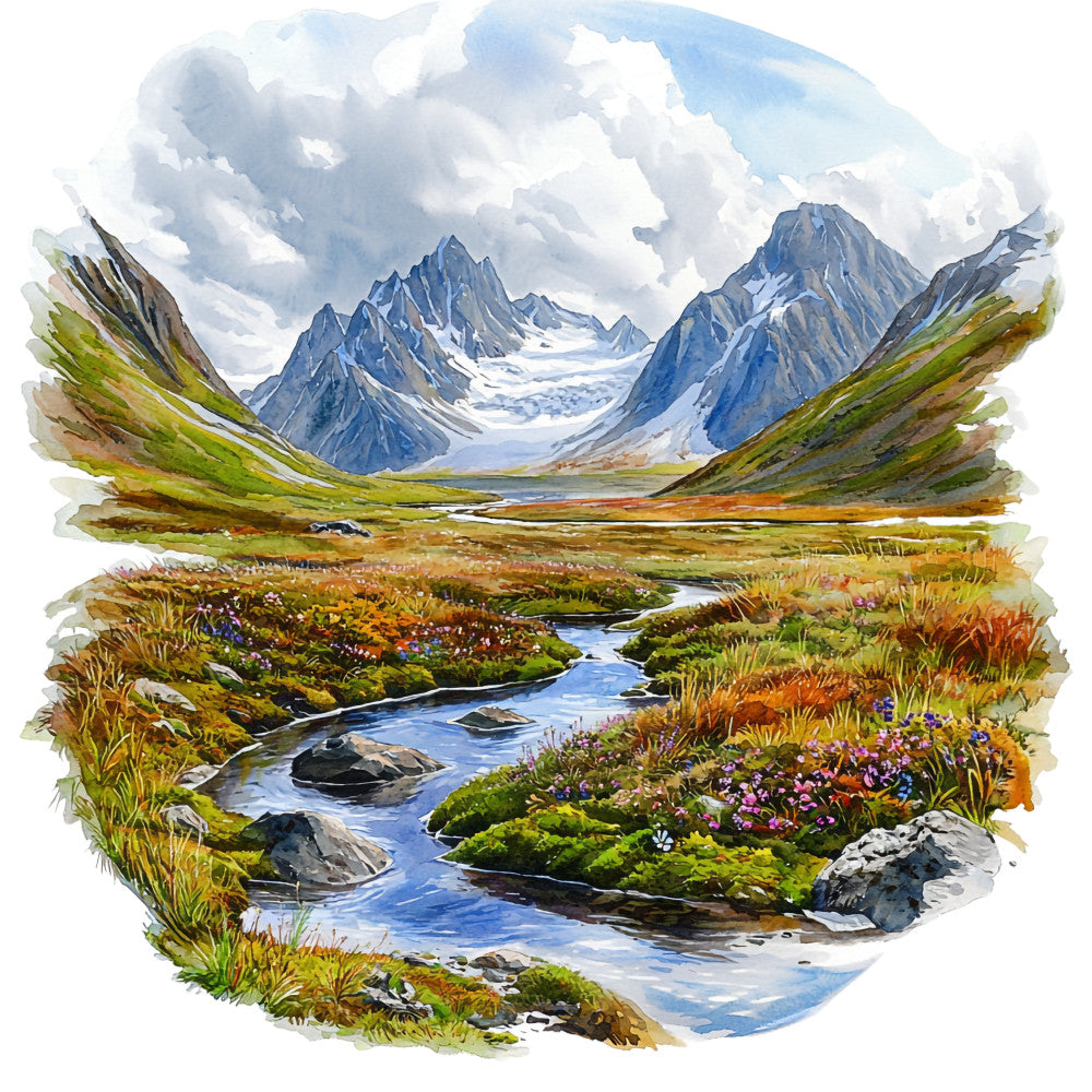 watercolor painting, mountain landscape, glacial valley, flowing stream, alpine meadow, tundra vegetation, snow-capped peaks, blue mountains, green moss, purple wildflowers, orange grasses, cloudy sky, arctic scenery, nature scene, fabric panel, quilting cotton, scenic vista, wilderness design, nordic landscape, glacier backdrop