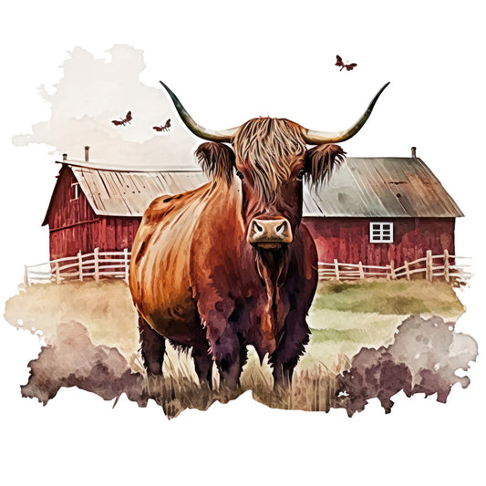 Watercolor Highland Cows Fabric Panel 5 featuring a detailed highland cow in front of a rustic red barn scene.