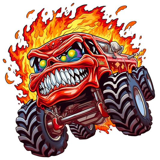 Monster Truck Crushes Fabric Panel 15 featuring a fierce red monster truck with flaming background and exaggerated teeth design.