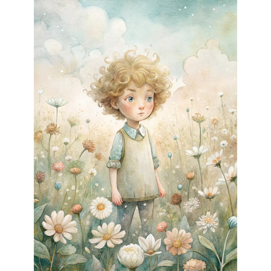 watercolor style, whimsical child, curly blonde hair, blue eyes, dreamy clouds, wildflower meadow, daisies, white flowers, soft pastels, mint green, cream tones, storybook illustration, enchanted garden, fabric panel, cotton quilting, nursery theme, fantasy scene, delicate florals, childhood innocence, magical atmosphere