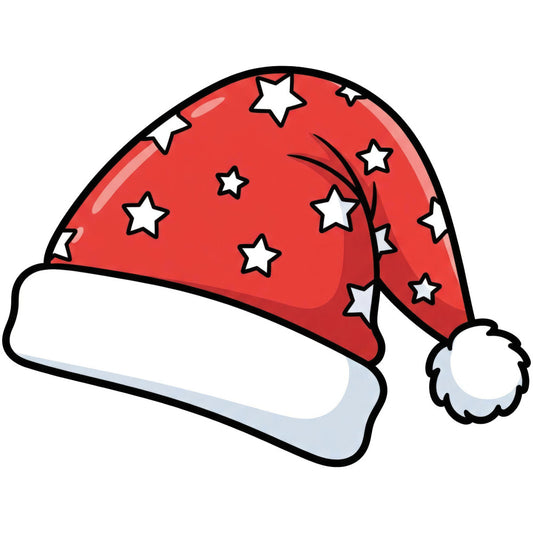 red, white, christmas, holiday, santa hat, stars, festive, winter, jolly, seasonal, whimsical, playful, children, kids, novelty, cute, cheerful, traditional, classic, pom pom, fluffy, decorative, family friendly, celebration, gift giving, cheerful red, bright white, star pattern, holiday themed, festive design
