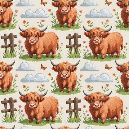 Cartoon Highland Cows Pattern 16 Quilting Cotton Fabric