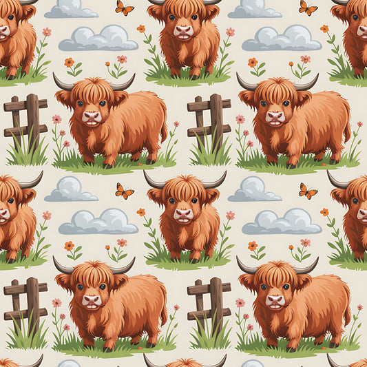 Cartoon Highland Cows Pattern 16 Quilting Cotton Fabric
