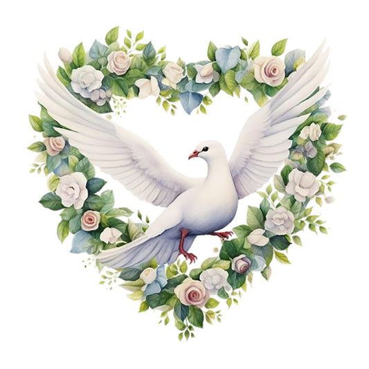 Spring White Doves Fabric Panel 9 showcasing a white dove with open wings in a heart-shaped floral wreath design printed on premium quilting cotton.
