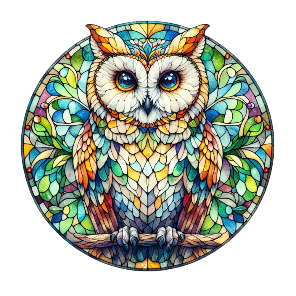 owl, stained glass, circular panel, mandala design, blue eyes, white feathers, colorful plumage, geometric patterns, mosaic style, turquoise, emerald green, golden yellow, orange accents, purple tones, symmetrical design, fabric panel, quilting cotton, decorative motifs, nature theme, vibrant colors