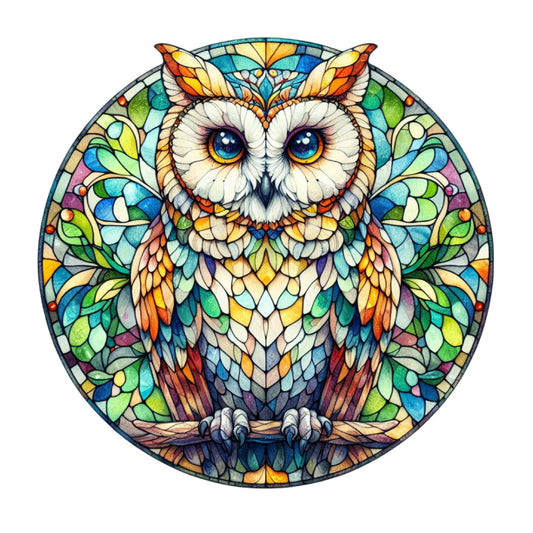 owl, stained glass, circular panel, mandala design, blue eyes, white feathers, colorful plumage, geometric patterns, mosaic style, turquoise, emerald green, golden yellow, orange accents, purple tones, symmetrical design, fabric panel, quilting cotton, decorative motifs, nature theme, vibrant colors