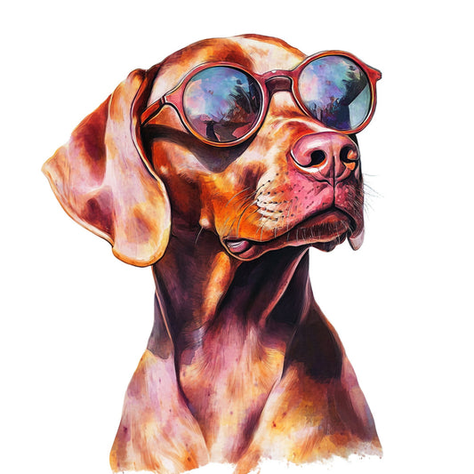 dog, sunglasses, cool dog, animal portrait, rust orange, burnt sienna, coral pink, dusty rose, warm tones, watercolor effect, artistic, whimsical, modern, playful, fun, humorous, trendy, contemporary, pet lover, dog lover, colorful, vibrant, abstract watercolor, cool and hip, fashion forward, novelty print, statement print, pet themed, animal art, expressive brushstrokes