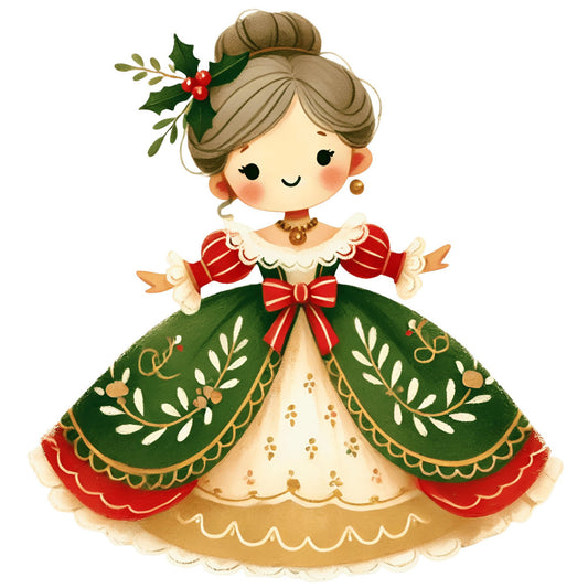 christmas, holiday, vintage, whimsical, elegant, festive, girl, woman, portrait, red, forest green, cream, gold, brown, holly, mistletoe, berries, leaves, botanical, floral, victorian, retro, traditional, nostalgic, decorative dress, ornate, embellished, seasonal, winter, festive fashion