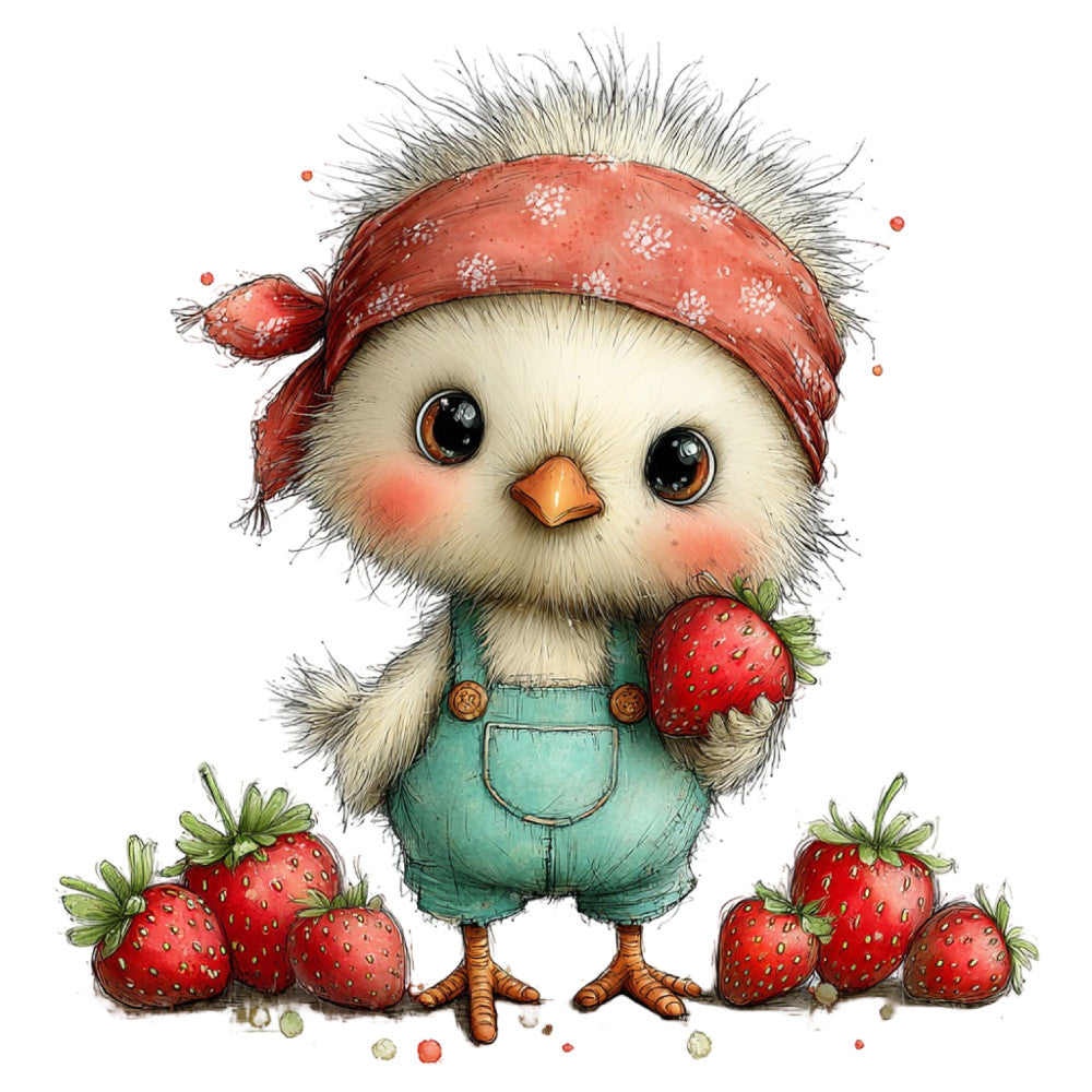 cute animal, whimsical bird, strawberry, red berries, mint green, coral pink, cream white, rustic style, farmhouse theme, children's illustration, adorable character, cottage core, vintage inspired, spring theme, summer berries, folk art, storybook, sweet design, nature motif, fruit picking, garden theme, country style, pastoral, charming illustration, playful, innocent, nursey decor, kids collection, decorative panel, character fabric