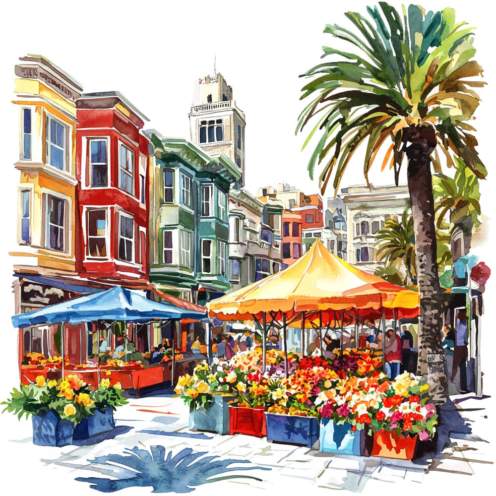 watercolor painting, fabric panel, california cityscape, colorful buildings, flower market, palm tree, street scene, vibrant colors, red buildings, yellow awnings, blue umbrellas, green foliage, orange tent, quilting cotton, architectural design, urban landscape, mediterranean style, sunny atmosphere, market stalls, tropical elements