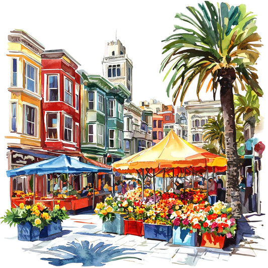 watercolor painting, fabric panel, california cityscape, colorful buildings, flower market, palm tree, street scene, vibrant colors, red buildings, yellow awnings, blue umbrellas, green foliage, orange tent, quilting cotton, architectural design, urban landscape, mediterranean style, sunny atmosphere, market stalls, tropical elements