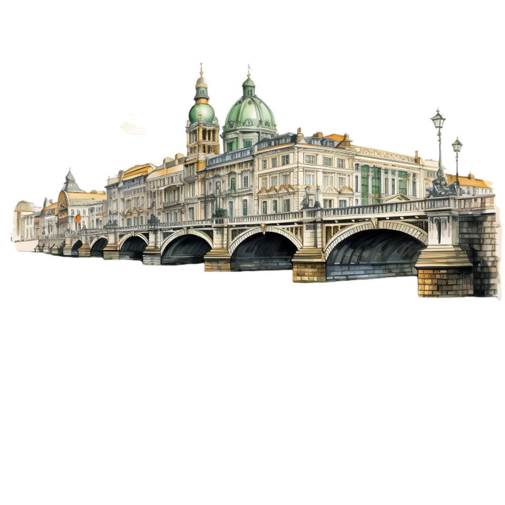 architectural, bridge, european cityscape, historic buildings, landscape, vintage cityscape, green dome, golden accents, cream, tan, sage green, charcoal gray, beige, european architecture, classic, elegant, traditional, detailed illustration, travel theme, destination, city scene, urban landscape, heritage, timeless, sophisticated, tourism, cultural, historic landmarks, watercolor style, antique aesthetic