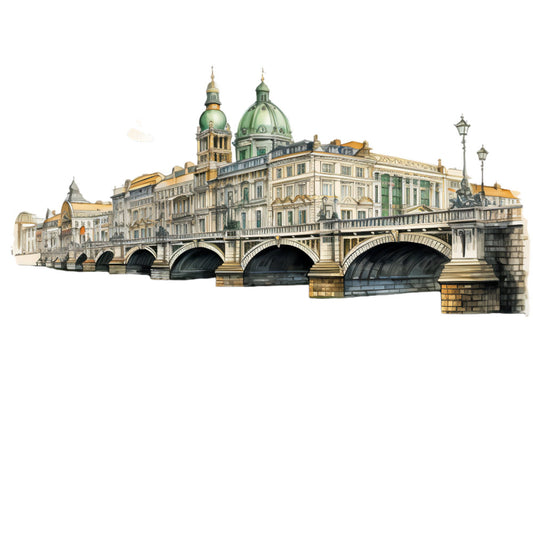 architectural, bridge, european cityscape, historic buildings, landscape, vintage cityscape, green dome, golden accents, cream, tan, sage green, charcoal gray, beige, european architecture, classic, elegant, traditional, detailed illustration, travel theme, destination, city scene, urban landscape, heritage, timeless, sophisticated, tourism, cultural, historic landmarks, watercolor style, antique aesthetic