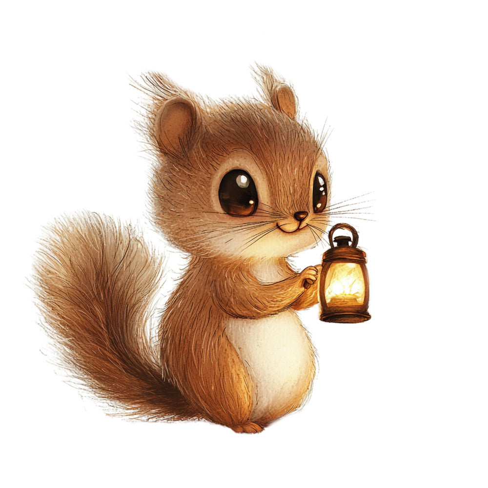 squirrel, brown fur, cream belly, lantern, glowing light, cute animal, big eyes, fluffy tail, whiskers, woodland creature, fabric panel, quilting cotton, children's fabric, nursery decor, warm tones, amber glow, whimsical illustration, forest animal, cozy mood, craft fabric