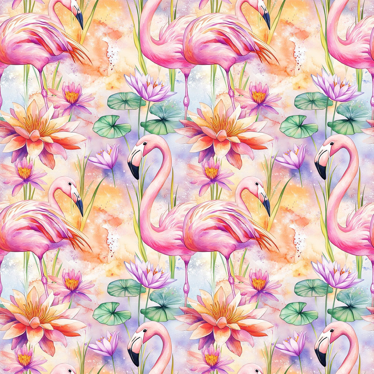 Tropical Flamingo Water Lilies Pattern 1 Quilting Cotton Fabric