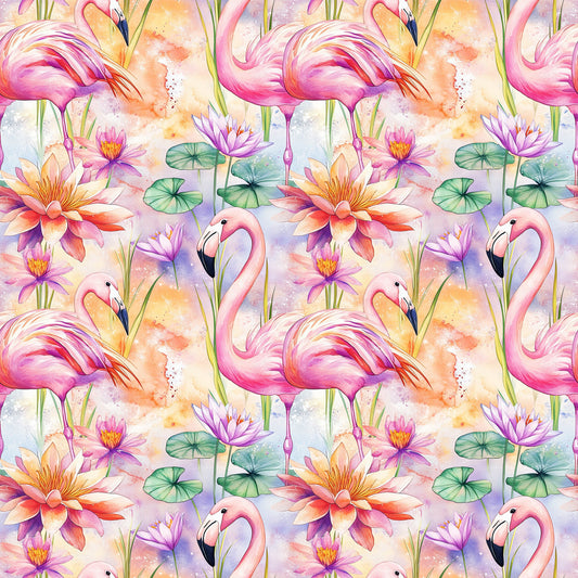 Tropical Flamingo Water Lilies Pattern 1 Quilting Cotton Fabric